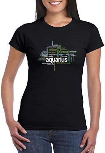 Urbanica Aquarius Zodiac Sign Astrology Horoscope Word Cloud Womens Tshirt (Medium, Black)