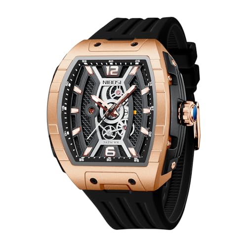 NIBOSI Men's Analog Watch, Black Silicone Strap, Tonneau Big Face at Amazon