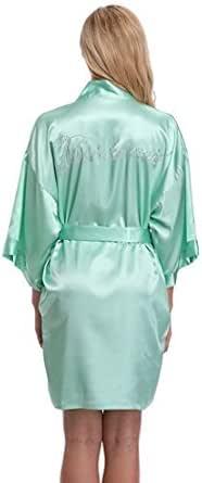 KimonoArt Satin Rhinestone Short Kimono Robe for Bride Bridesmaid Maid of Honor
