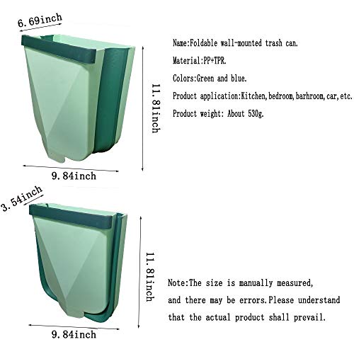 YAJONUE Hanging Kitchen Trash Can Bathroom Folding Garbage Bin Small Wall Mounted Portable Collapsible Waste Bin for Office Car Bedroom, Plastic, Green, 2.6 Gallon