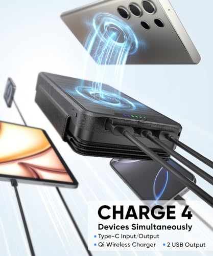Solar Charger Power Bank 38800mAh with Dual 5V3.1A Outputs 10W Qi Wireless Charger Waterproof Built-in 4 Solar Panel and Bright Flashlights