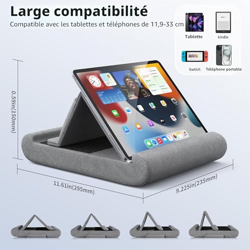 CreaDream Tablet Stand, Knee Stand, Bed and Desk Stand with Pocket and Stylus Holder, for 4-13 Inch Tablets, such as iPad Pro 11, 13, Air, Mini, Kindle, Galaxy Tab, Grey