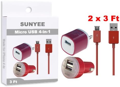 SUNYEE (TM) 4-in-1 Charging Set Inlcudes 2-Tone AC Travel Wall Charger + Dual USB Car Charger + 2 x 3 Feet. Micro USB to USB 2.0 Cable Charging Cord for Samsung Galaxy S3/S4/Note 2 and Other Smartphones (SUNYEE Red)