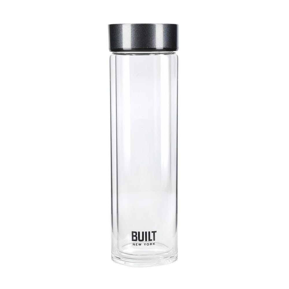 Built Tiempo Insulated Glass Water Bottle, BPA Free Borosilicate Glass / Stainless Steel Flask, Charcoal, 450ml
