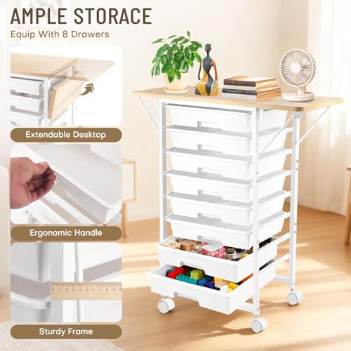 Rolling Storage Cart with Drawers, Craft Storage Cabinet with 8 Drawers and Wooden Tabletop, Utility Cart with Foldable Dual Side Panels & Wheels for Bedroom, Bathroom, Dorm, Office, Kitchen, White