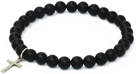 XINWOO matte Agate Beads Elastic Energy Bracelet with one Stainless steel cross decoration for good luck (matte beads / cross)