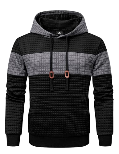 JMIERR MEN’S PLAID HOODIES DRAWSTRING KNIT HOODIE PULLOVER CASUAL WAFFLE HIPSTER SWEATSHIRTS LONG SLEEVE SWEATERS, US38(S), A BLACK