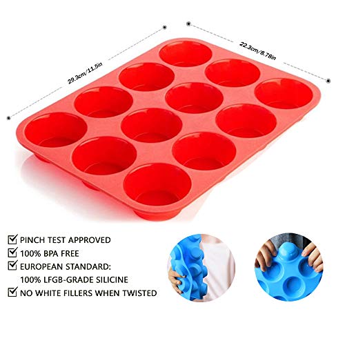 Silicone Muffin Pan Silicone Cupcake Baking Cups, 12 Non Stick Silicone Molds for Muffin Tins| Easy Clean |BPA Free| Mini Cupcake Pan (Red)