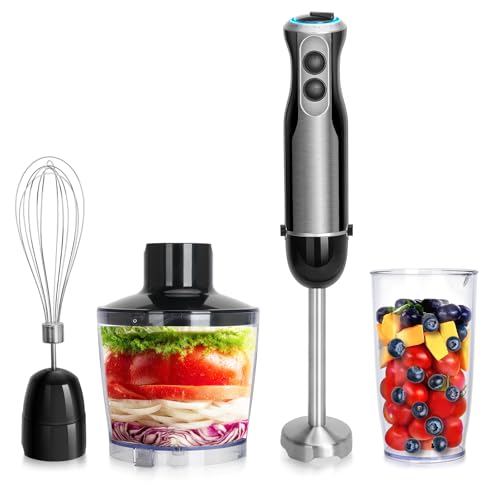 Roiffcly 1500W Hand Blender, 4 in 1 Stick Blender Set with 4 Stainless Steel Blades, Immersion Blender with 20 Speeds and Turbo Buton, Handheld Blender with Whisk, Measuring Mug, Chopper, BPA-Free