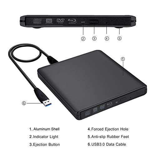 Guamar External Blue-Ray Drive,USB 3.0 Aluminum Blu-Ray Drive CD/DVD Burner/Writer with 3D Blu-ray Disc Playback,Super-Fast Blu-Ray Writing Reading Speed,for Notebook Netbook Desktop,Black - Thumbnail 4