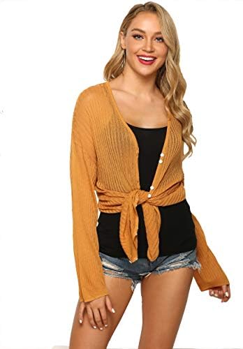 LYHNMW Womens Tie Front Lightweight Knit Cropped Cardigan Button Down Long Sleeve Sheer Shrug