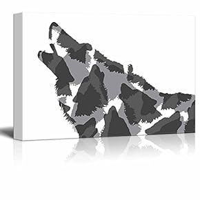 Wolf Pack - Howling Wolves Silhouette - Black and White Exclusive Artwork - Quirky Fun Design - Canvas Art Home Art - 12x18 inches