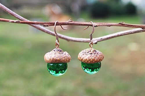 Аcorn earrings, Glass Acorn Lampwork,acorn ornament, made from flamework glass and an acorn cap peter pan necklace