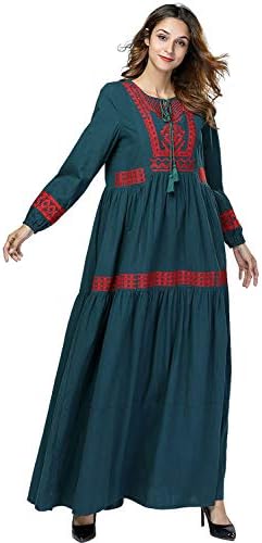 MEYINI Women Kaftan Long Dresses Islamic Embroidered Long Sleeve Dress Casual Muslim Abaya Abra Loose Robe