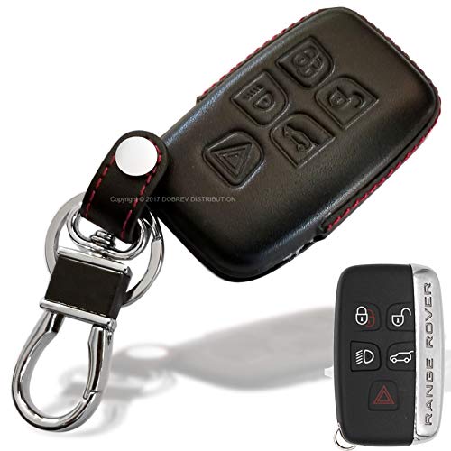 Dobrev 5 Buttons Genuine Leather Smart Key Case Rubber Cover Skin Fob Holder for Land Rover Range Rover Evoque Sport Vogue Discovery Freelander Remote Key (Black Leather)