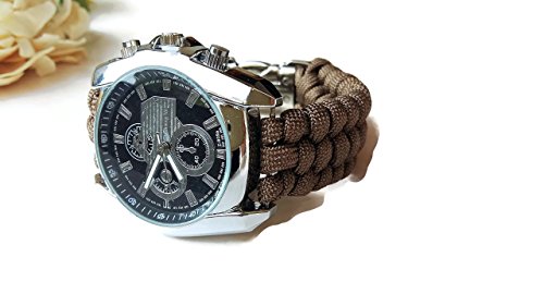 Mens brown parachute sport steel wrist watch water resistant rectangular paracord 550 strap bracelet - Thumbnail 7