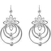 DIAMANTIO Silver Tone Dangle Earrings with Cubic Zirconia & Crystal Flower and Triple Hoop Drop – 18K Gold Plated Elegant Statement Earrings for Women