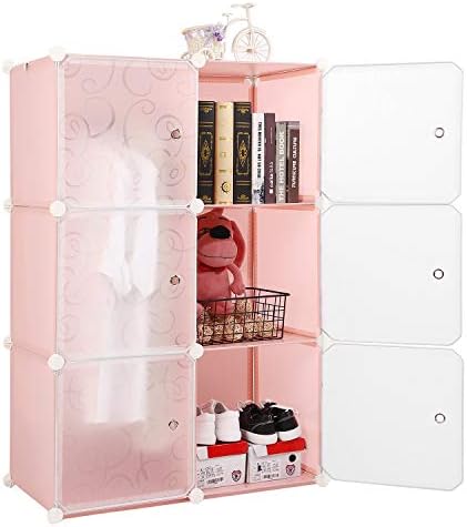 Jamohom Portable Wardrobe Closet Bedroom Clothes Armoire Dresser Organizer Cube Storage Organizer (Pink, 6 Cube)