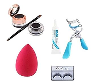 ClubComfort 1 Pair Eyelash, Curler, Glue, Beauty Blender with Eyeliner and Eyebrow Gel (Pack of 5)
