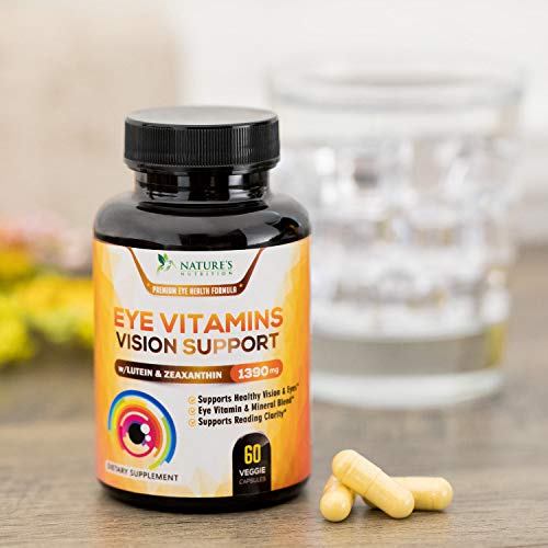 Eye Vitamins with Lutein & Zeaxanthin, Highest Potency Natural Vitamin and Mineral Supplement 1390mg - Made in USA - Best Formula for Vision Support, Dry Eyes & Macular Health - 60 Capsules