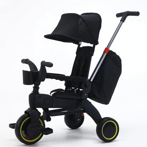 AM ANNA Folding Kids Tricycle, 5 in 1 Baby Trike W/Removable & Adjustable Canopy, Parent Handle, 5-Piont Safety Harness, Toddler Bike Stroller, EVA Wheels, Soft Armrest (Black with Storage Bag)