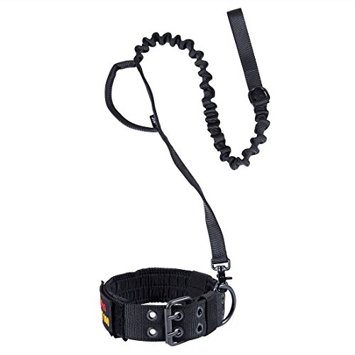 JIEPAI Military Dog Collar and Tactical Bungee Dog Leash Adjustable Nylon k9 Tactical Dog Collar Leash with D-Ring & Buckle for Medium Large Dogs