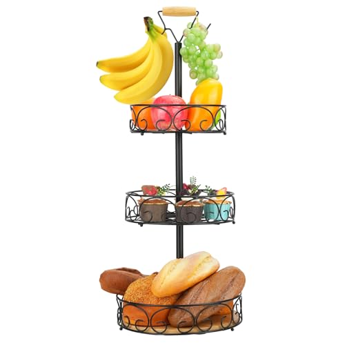 SHILIPAIJC Fruit Baskets for Kitchens, Detachable 3 Tier Fruit Bowl with Banana Hanger Fruit Vegetable Storage Rack, Black Metal Countertop Storage Basket for Home and Kitchen, Dining Table