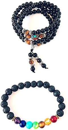 Tibetan/Buddhist Obsidian Tiger Eye Meditation Mala Necklace & 7 Chakra Healing Mala Bracelet, Unisex