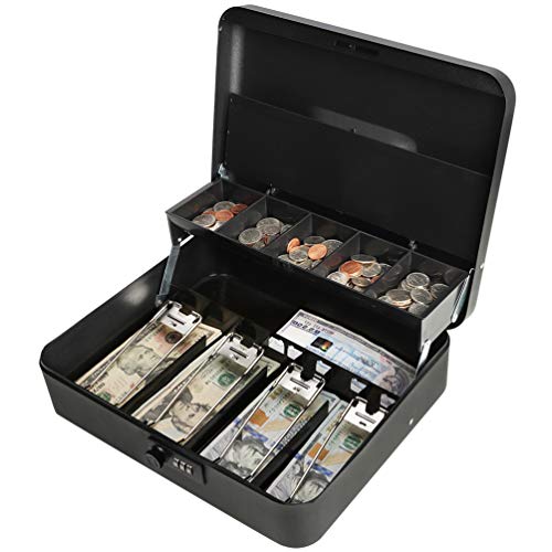 Decaller Large Cantilever Money Box, Metal Frosted Cash Box with Combination Lock - 5 Compartments & 4 Spring-Loaded Clips for Bills, 11 4/5" x 9 2/5" x 3 1/2", QH30013L