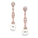 Mariell Rose Gold Vintage Wedding Luxe Simulated Pearl Drop Earrings for Brides with Art Deco Filigree CZ