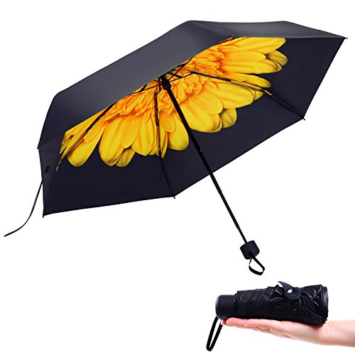 MuNiSa Mini Travel Sun Rain Umbrella Compact Parasol Lightweight Portable Outdoor Golf Umbrella with 95% UV Protection (Yellow Chrysanthemum)