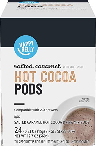 AMAZON BRAND – HAPPY BELLY HOT COCOA PODS COMPATIBLE WITH 2.0 K-CUP BREWERS, SALTED CARAMEL FLAVORED, 24 COUNT