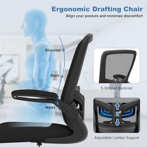 POWERSTONE Drafting Chair, Ergonomic Tall Office Chair for Standing Desk with 3IN Thick Cushion, Flip-up Arm, Adjustable Back Support & Footrest Workbench Rolling Stool Computer Chair (Black 1PCS)