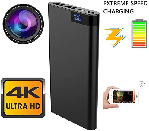 FRUZAZ WIFI 4K Portable 2 in 1 Multi-function Mobile Power (10000mAH) + HD 1080P Night Vision Memory Expansion 128G Camera, black