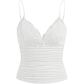 Naileksi Women Y2k Lace Trim Cami Top Spaghetti Strap Fairy Grunge Tank Top V Neck Ruched Bow Lace Patchwork Cami Shirt