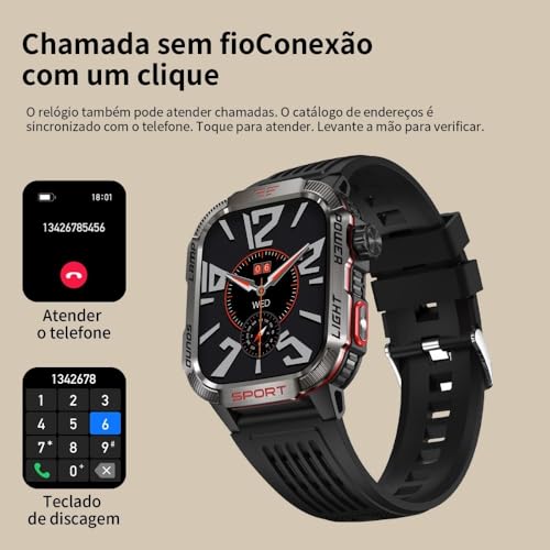 YARUIKE HT29 Relógio Inteligente Esportivo para Homens, Chamada Bluetooth, Bússola e Lanterna LED, Tela IPS 2.01 Polegadas, Compatível com Android e iOS