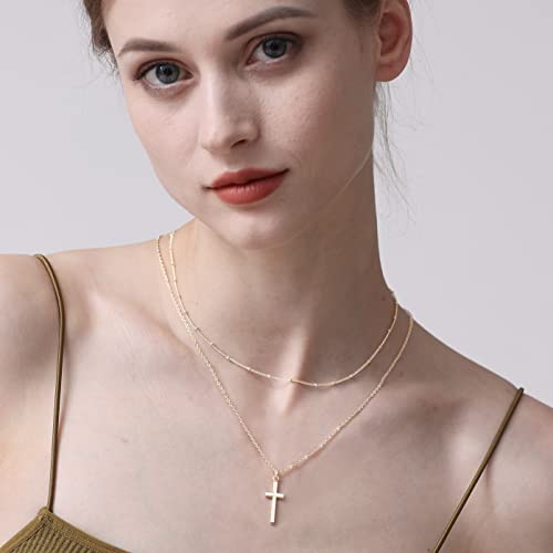 GLOQUAT Dainty Gold Cross Necklaces for Women 14K Gold Plated Satellite Bead Chain Layered Necklace Set Cross Pendant Necklace Simple Minimalist Dainty Necklace for Women Men