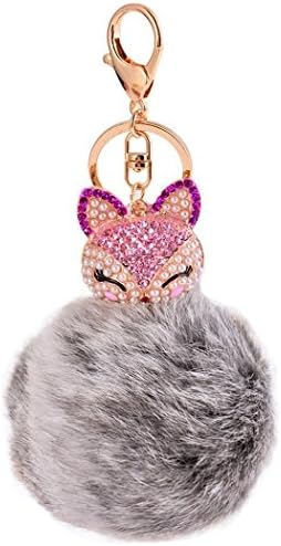 Fox Fur ball Keychain [Large Size] Novelty Pearl Fox Head with Rabbit Fur Ball Charm Key Chain - Decorated With Finest Shiny Crystals And Pearls - Gifts For Mom Sister &amp; Girl Friend - (Gray)