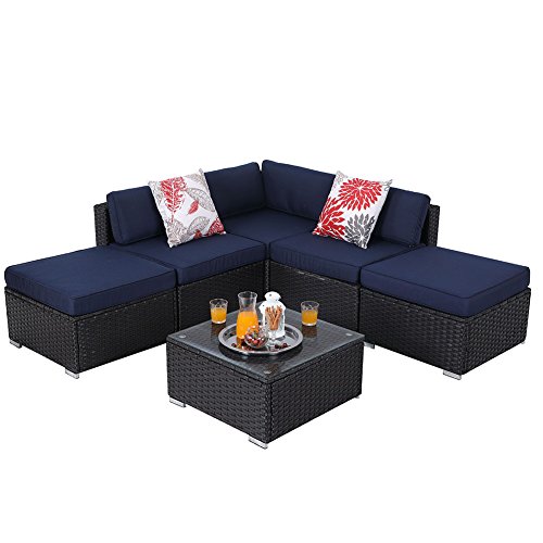 PHI VILLA 6-Piece Outdoor Rattan Sectional Sofa- Patio Wicker Furniture Set, Blue