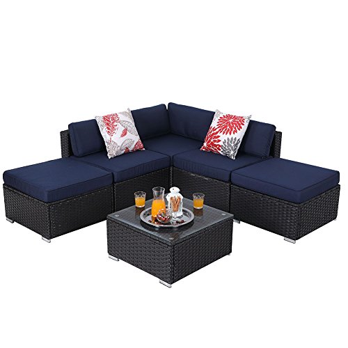 UPC 745560024331, PHI VILLA 6-Piece Outdoor Rattan Sectional Sofa- Patio Wicker Furniture Set, Blue