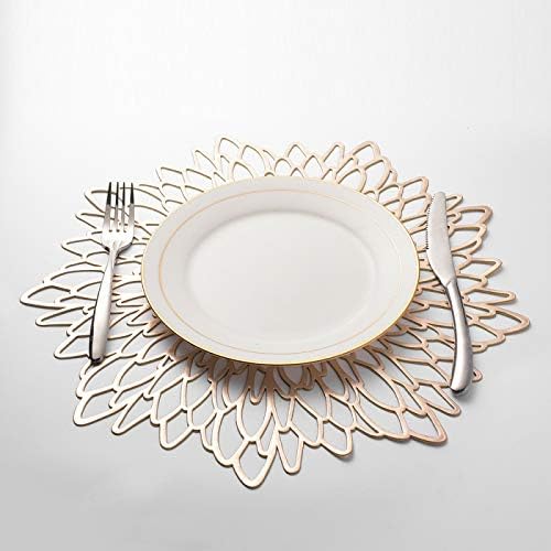 WARMTONE Gold Shabby Chic Floral Placemats Set of 10 for Dining Table, Heat Insulation Pad Washable PVC Hollowed-Out Table Mats for Easter, Non-Slip Place Mats Table Decoration for Charger Plates