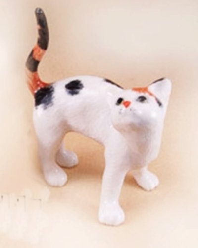 ChangThai Design Tiny 2½" Tricolor Calico Cat Stand Look Up - Miniature Hand Made Ceramic Cats Kitten Kitty Feline Animals Cute Porcelain Decorative Figure Collectible Figurines Décor Pet Lovers Gifts