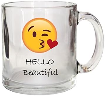 Dubster Brand Hello Beautiful Glass Mug Blowing a Kiss Emoji, 13 oz