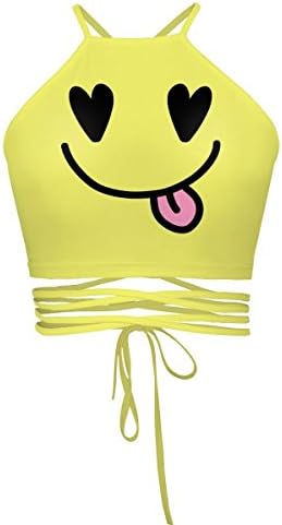 Women's Girls Cartoon Print Crisscross Halter Vest Crop Tops Tanks Camis Smiley Face