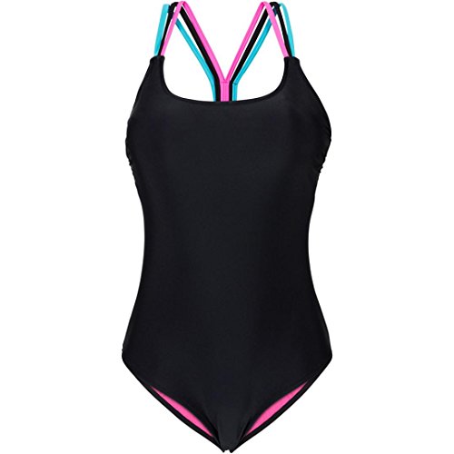 Women One Piece Bikini Swimsuits Splice Sexy High Cut Backless Monokini Bathing Suit (Black, L)
