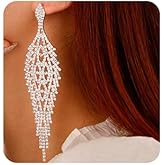 Xerling Bling Silver Rhinestones Tassel Earrings Iced out Statement Earrings for Women Fringe Chandelier Rhinestones Earrings Dangling Bridal Earrings for Wedding Prom