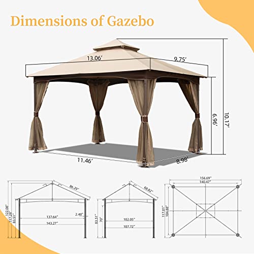 Domi 10x13 Outdoor Gazebo with Mosquito Netting, Double Roof Soft Top Patio Shelter image 24