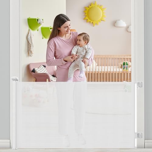 Retractable Stair Gate Extend up to 55” wide, 33.86” Tall with Drilling and Non-Drilling Accessories, Baby Gate One Handed Silent Operation Grey Dog Gate for Stairways/Indoor/Outdoor (White)