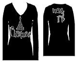 Christmas Tree Reindeer Rhinestone Bling Womens Long Sleeve V Neck Tee Shirt