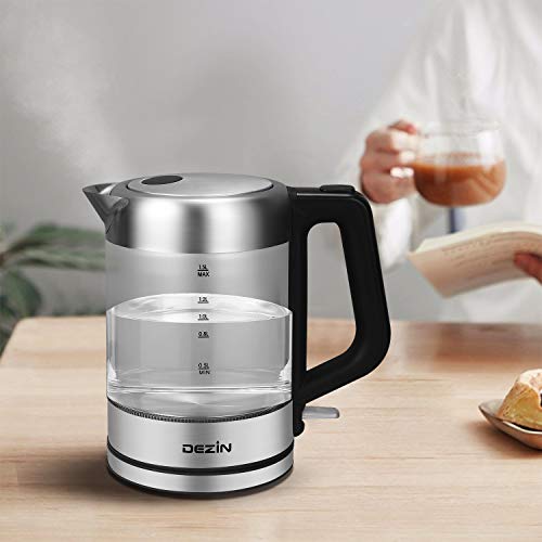 Dezin Electric Kettle Glass Water Heater Boiler, 1.5L Stainless Steel Finish Cordless Tea Kettle with LED Light, One Touch Lid Open Button, Fast Heating, Auto Shut-Off and Boil Dry Protection Tech